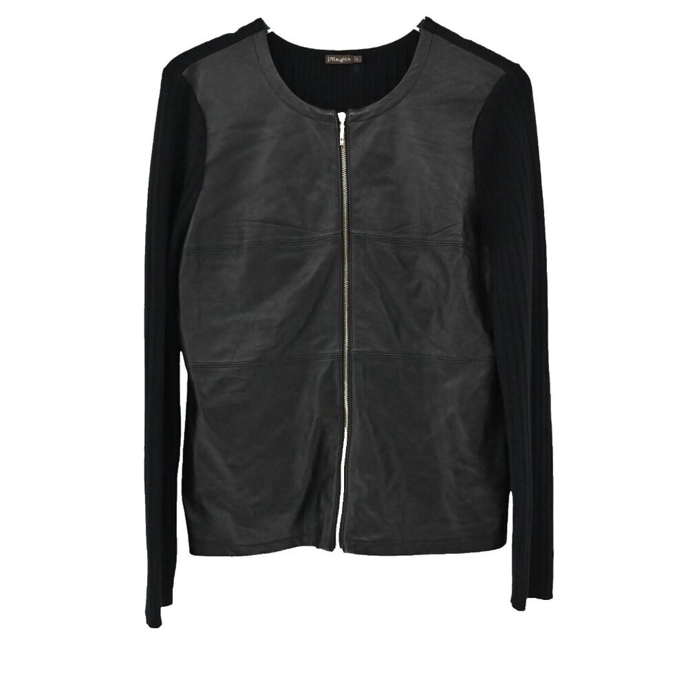 J McLaughlin - Black Leather Jacket with Knit Sleeves